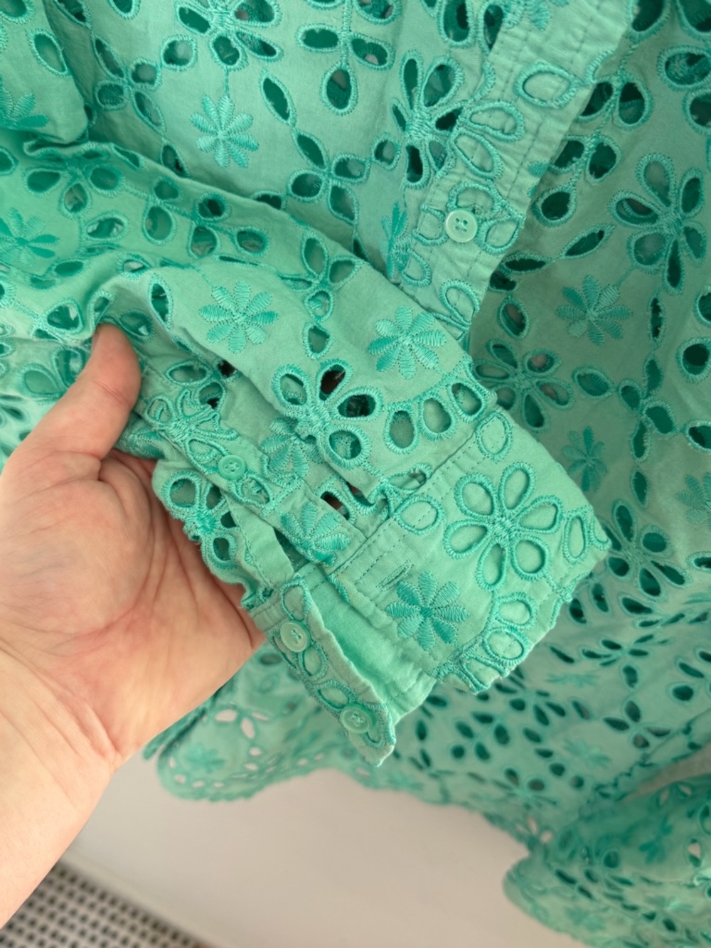 J. Crew Women’s Mint Crochet Green Eyelet Button-Down Shirt- Size 6 - Picture 7 of 10